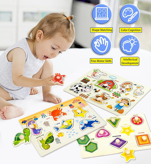 SIERLIKY Gifts-3 Wooden Peg Puzzles for Toddlers,Montessori Toddler Jigsaw for Child,Fine Motor Skill Learning Puzzle