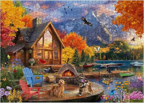 BBOLDIN 1000 Cozy Fall Autumn Landscape Puzzle for Adults Pieces Nature, Colorful Jigsaw Puzzle, Cat Puppy Flower Bird
