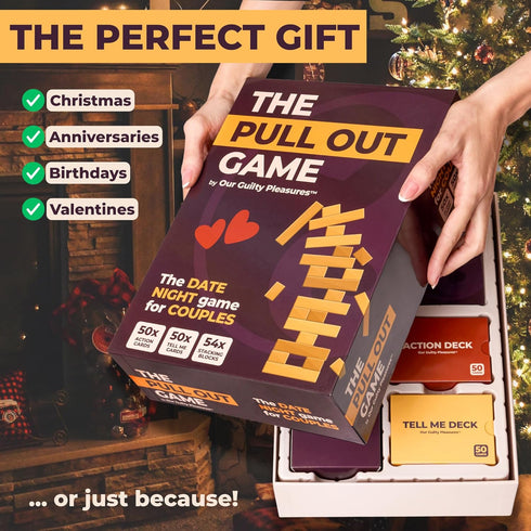100 50 50 Our Guilty Pleasures The Pull Out Game - Flirty Date Night Game for Couples, Romantic Block Tower with Cards