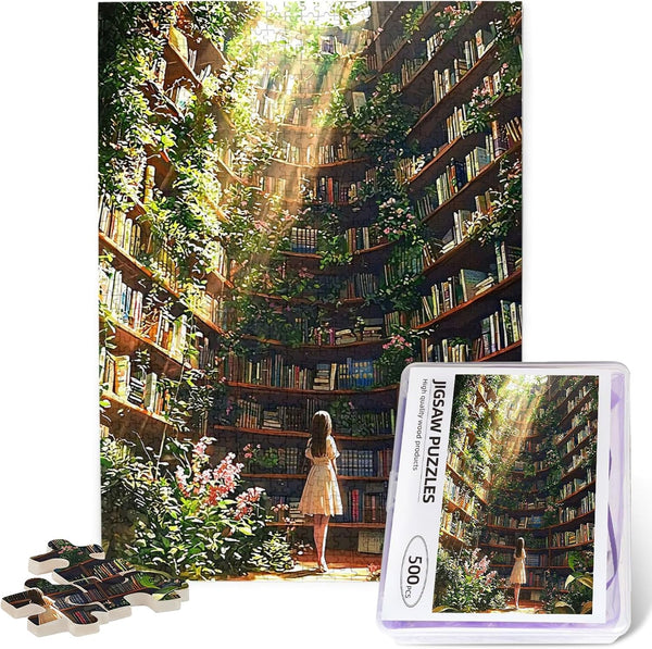 Quelindra Library Jigsaw Puzzle 500 PiecesLibrary Bookshelf Jigsaw Puzzles,Plant Bookshelf Puzzles, Library Retro