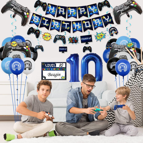 Video Game Party Decorations: 10th Birthday Supplies with HAPPY BIRTHDAY Banner & Gaming Balloons