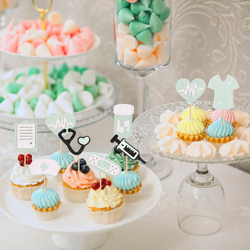 24Pcs Glitter Green Nurse Cupcake Toppers Nurse Tools Cupcake Picks for Nursing School Graduation Cupcake Decors