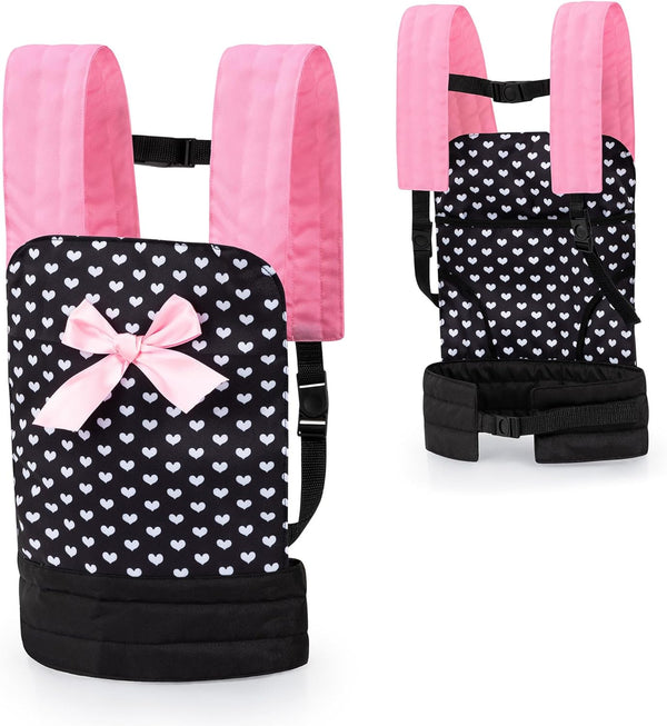 Bayer Design Dolls Carrier, Black and Pink Hearts, Adjustable for Dolls Up to 18", Kids Toy, Ages 3+