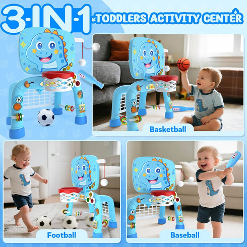 1 12-18 Toys for Year Old Boy - Toddler Basketball Hoop & Soccer Goal & Baseball Activity Center with Light Sound