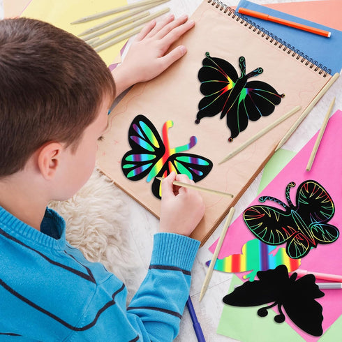Sratte 120 Pcs Butterfly Scratch Cards, 12 Styles Rainbow Spring Crafts, Kids' Paper Craft Kits for DIY Decoration