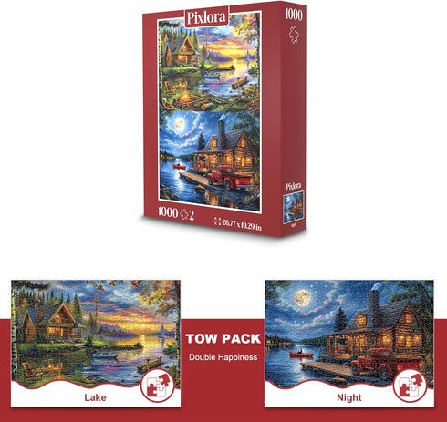 1000 2 Pack Puzzles for Adults Pieces, Lake and Night View Jigsaw Puzzles, Nature Theme, Challenging Puzzles for Game