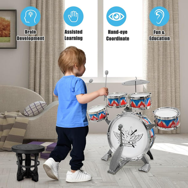 Toddler Drum Set Kids Jazz Kit with Stool, Musical Instruments Toys for Boys Girls Aged 3 4 5 Year Old