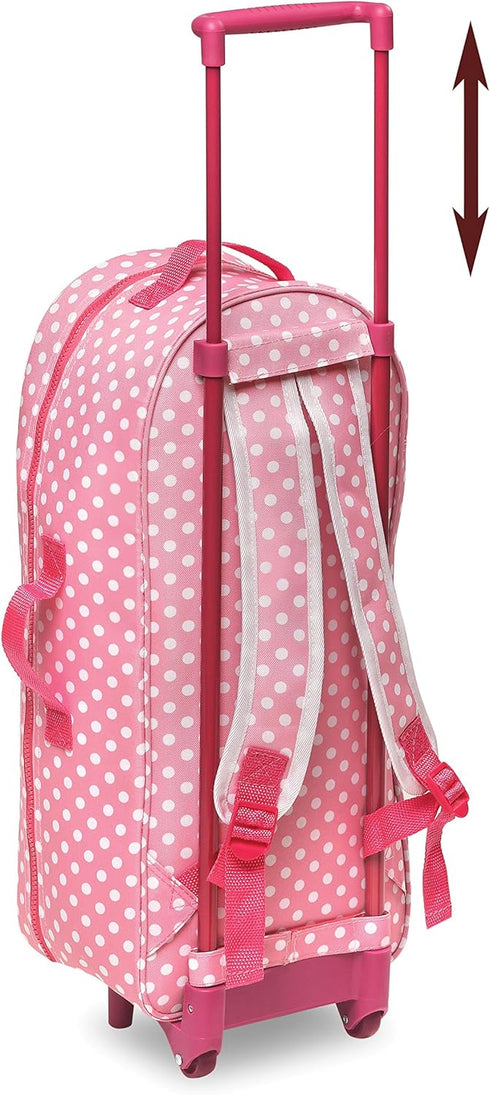 Badger Basket 3-in-1 Doll Trolley Travel Carrier with Rocking Bed and Bedding for 18 inch Dolls - Pink/Polka Dot