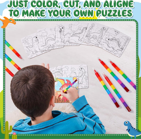 Fullhawl 12 Sets 12 12 Dinosaur Puzzles for Dinosaur Theme Color Your Own Puzzles DIY Dino Jigsaw Crafts with Stackable