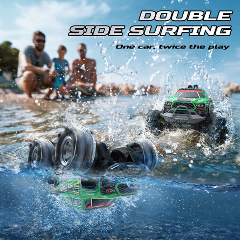 BG028 IPX7 2.4GHz 4WD 360Rotation,Flowing Light,40mins DEERC Amphibious RC Monster Truck/Boat, Waterproof Remote