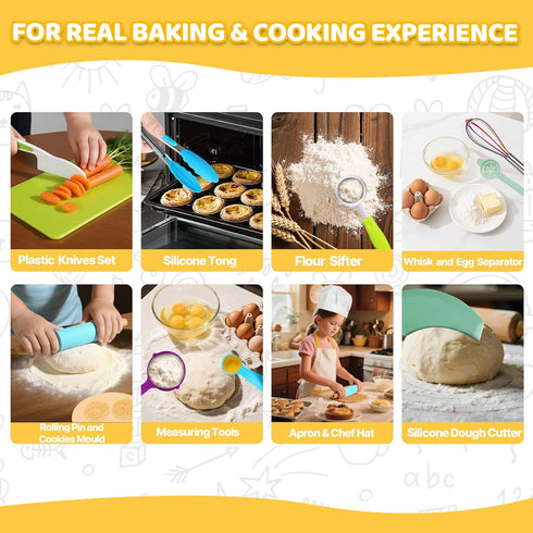 VONTIQUE 32 Setsfor 3+ pcs Kids Cooking&Kids Baking Real Cooking BakingMontessori Kitchen Tools for Toddlerswith Chef's