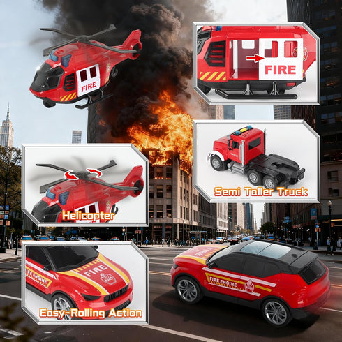 3 4 5 6+ Fire Rescue Semi Trailer Truck Toy, Large Flatbed Truck Carrier with Rescue Vehicle and Helicopter, Lights