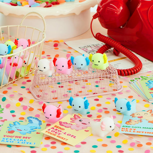 28 Packs JOYIN Valentines Day Gifts for Kids, Axolotl Mochi Squishy Toy with Funny Valentines Day Cards for Kids School