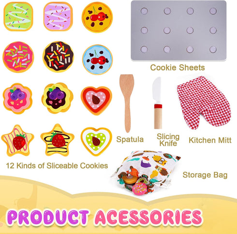 Set Set 3+ Slice and Bake Wooden Cookie Play Food for Kids Kitchen - Toy Food Accessories - Kids Pretend Cookies