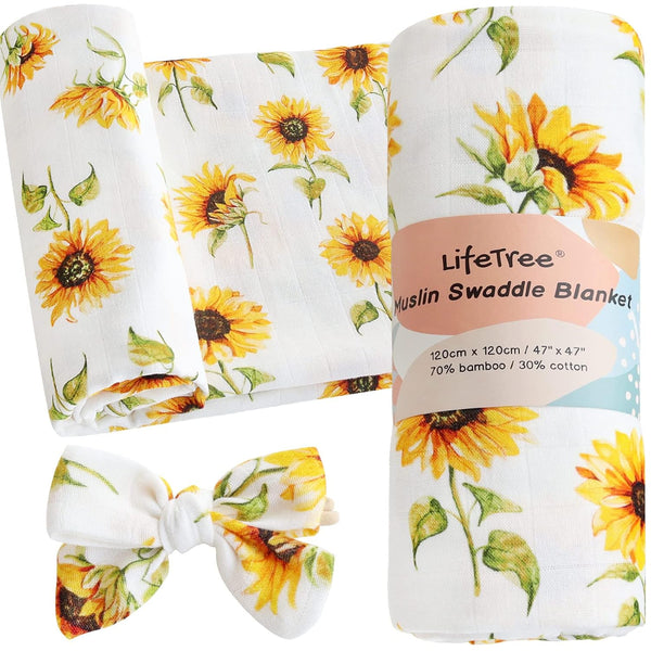 LifeTree Baby Muslin Swaddle Blankets for Boys & Girls, Newborn Set with Matching Headband Bow, 47 x 47 inches,