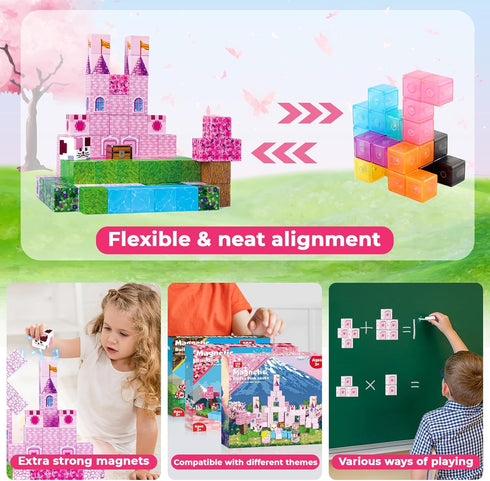 100PCS Sets, 3 4 5 6 7 8-12 Magnetic Blocks - Magnetic Building Block for Kids, Build Pink Princess Castle Magnet Cubes