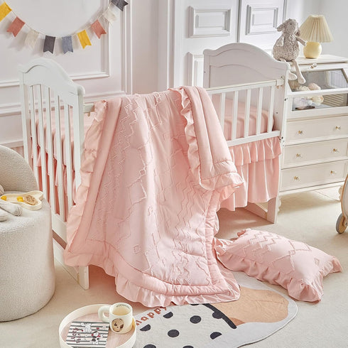 AIKASY Set The Ruffled Shabby Crib Bedding for Girls, Baby Quilted Comforter with Fitted Sheet, Bed Skirt