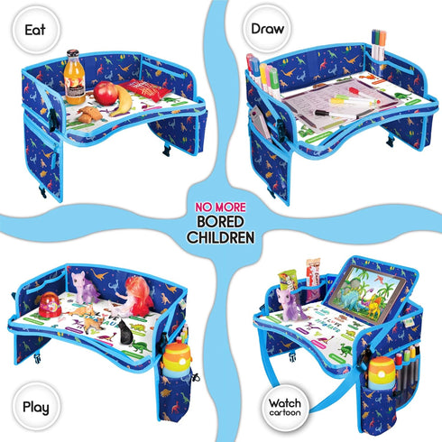 Car Seat Tray for Toddler - Waterproof Kids Travel Table Top - Road Trip Essentials - Lap Desk with Storage (Blue)