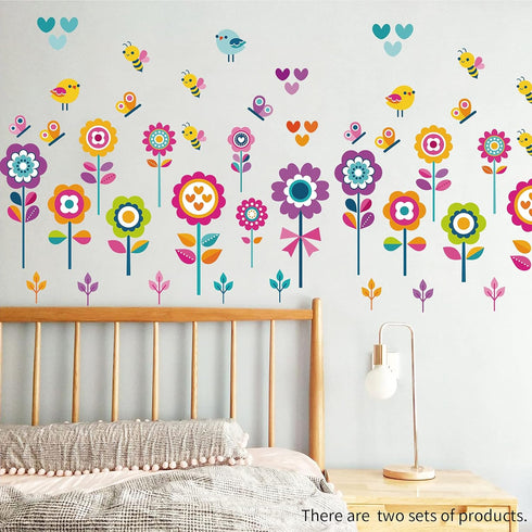 Flowers Wall Stickers for Kids Bedroom - Butterfly Bee Floral Decals for Girls Room, Classroom, Nursery, Playroom -