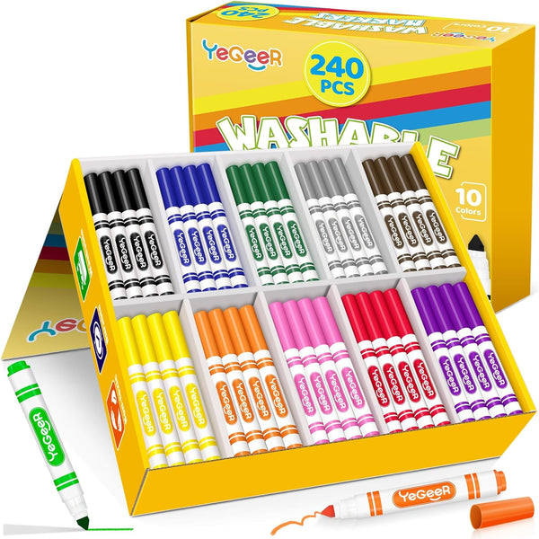 YEGEER Washable Markers Bulk, 10 Assorted Colors, 240 Count Washable Markers for Kids,