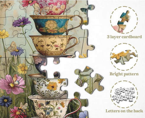 PPuzzling 1000 Vintage Flower Cup Puzzle for Adults Pieces, Nature Challenging Spring Floral Plant Puzzles, Retro Cups
