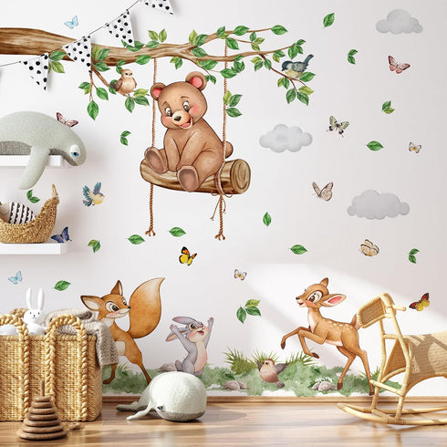 Tuitager L Large Tree Wall Decals with Woodland Animals, Peel and Stick Wall Stickers for Baby Room, Removable Nursery