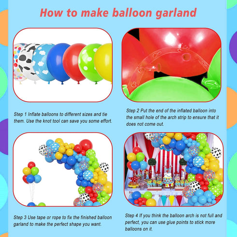 Amandir 152Pcs Balloon Arch Garland Kit, Blue Red Yellow Cow Cloud Pattern Latex Balloons for Kids Birthday Baby Shower