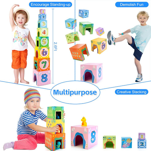 Wooden Dinosaur Nesting and Stacking Block Toys, Number Nesting Boxes, Birthday Gift for 12-24 Month Boys Girls