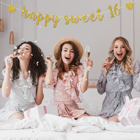 Happy Sweet 16 Banner - Gold Glitter Happy 16th Birthday Party Decorations, Cheer to 16 Years