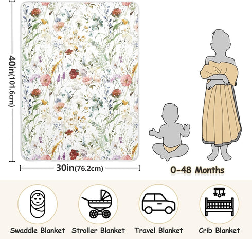 SDMKA Cozy 30 40 Inch Baby Blankets for Boys Girls Watercolor Wildflower Super Soft Warm Crib Blanket Double Layer