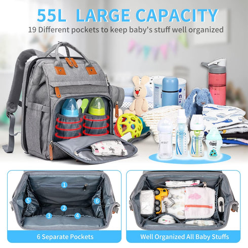 Backpack KABAQOO Diaper Bag with Detachable Changing Station, Large Capacity Baby Diaper Bags for Boys & Girls, Baby