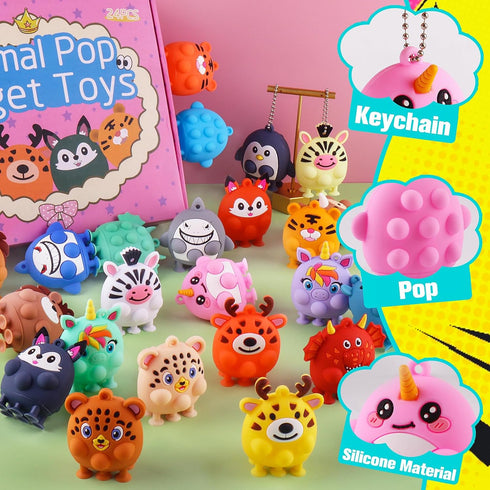 24 ChildFun PCS Party Favors for Kids, Silicone Animal Pop Fidget Toys with Suction, Birthday Gifts for Boy Girls