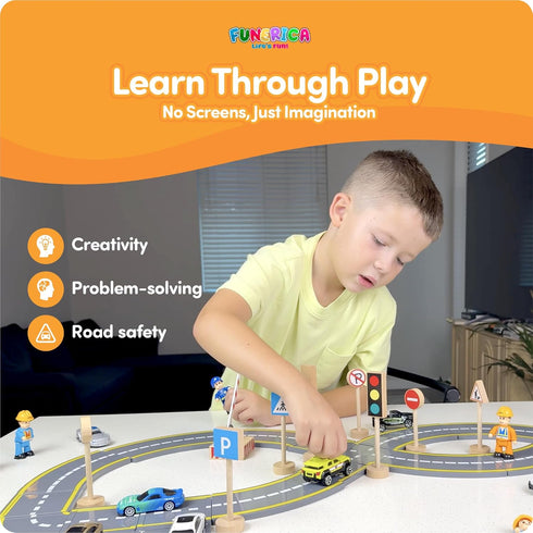 Community Set 310 Wooden Traffic Signs & Helper Figures Toy Includes Police, City & Construction Workers, Road Signs
