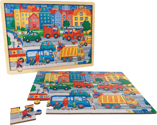 Wooden Puzzle for 3 Year Old, 24 Piece Traffic Theme Puzzles for Kids Ages 3-5, Unique Shape Jigsaw