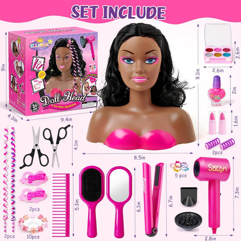 Cleboen 35PCS Playset 3 4 5 6 7 8+ Hair Styling Doll Head Makeup Kit for Girls Toys, Kids Hair Salon Pretend