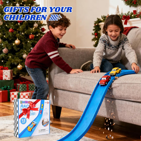 12 Set: 3+ 1/64th Flex Track Ft Starter Portable Rolls Up Race Tracks for Kids - DIY Race Car Ramp Track with Suction