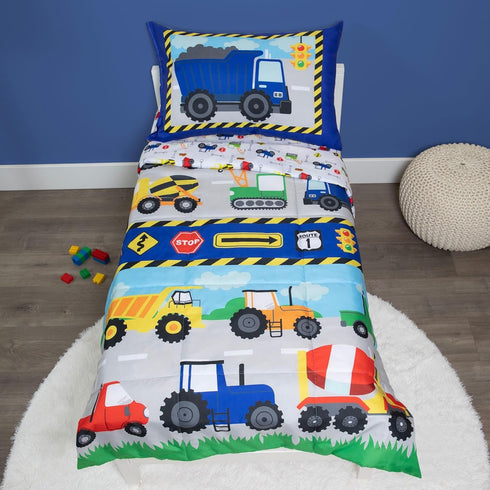 Baby Boom Funhouse Construction Area 4 Piece Toddler Bedding Set, Trucks Includes Comforter, Sheet