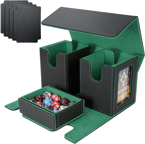 AFIING MTG Commander Card Storage Box - Fits 200 Double Sleeved Cards, Black/Green with 4 Dividers & 2 Toploaders