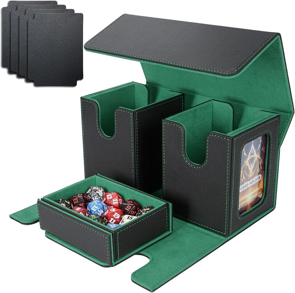 AFIING MTG Commander Card Storage Box - Fits 200 Double Sleeved Cards, Black/Green with 4 Dividers & 2 Toploaders