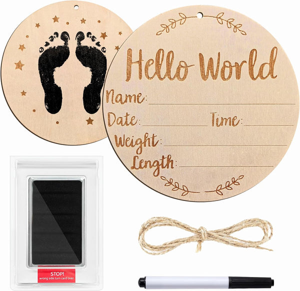 Mindow Baby Announcement Sign, 5.9 Inch Round Wooden Hello World Newborn Sign Keepsake