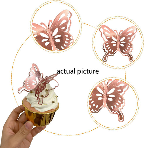 40 PCS 3D Rose Gold Butterfly Cupcake Toppers for Baby Shower, Wedding, Kids Birthday Party Supplies