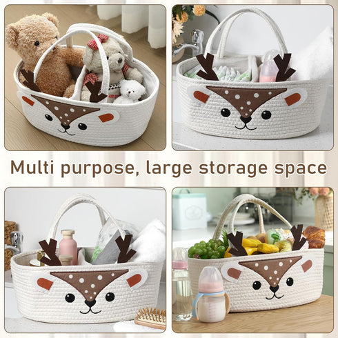 Weysat Cute Deer Baby Diaper Caddy Organizer Cotton Rope Diaper Caddy Basket Woodland Nursery Decor Portable Organizer