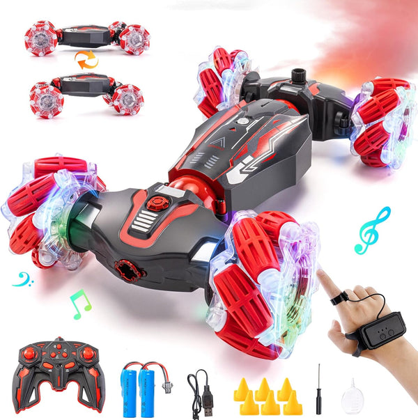 4WD Stunt Car, 2.4 GHz Gesture Sensor RC Cars, Double-Sided Vehicle 360° Flip Buggy with Music Spray, Best Gift for