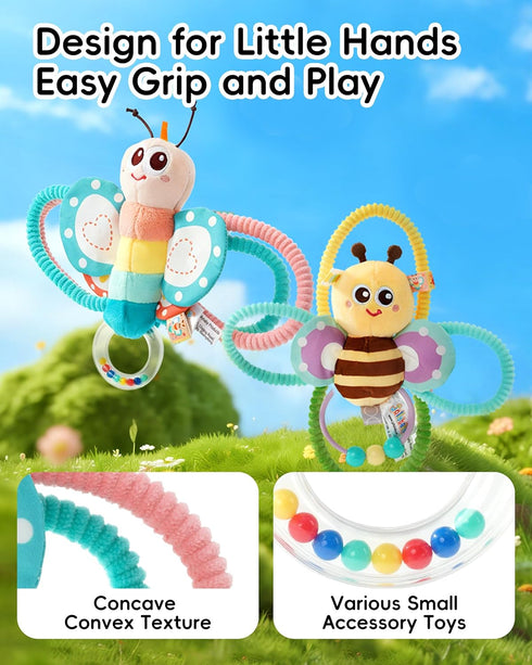 0-3-6-12 0-2-4-7-8-9 Jollybaby Soft Baby Rattles & Plush Rings Toy for Newborn Months, Sensory Developmental Hand