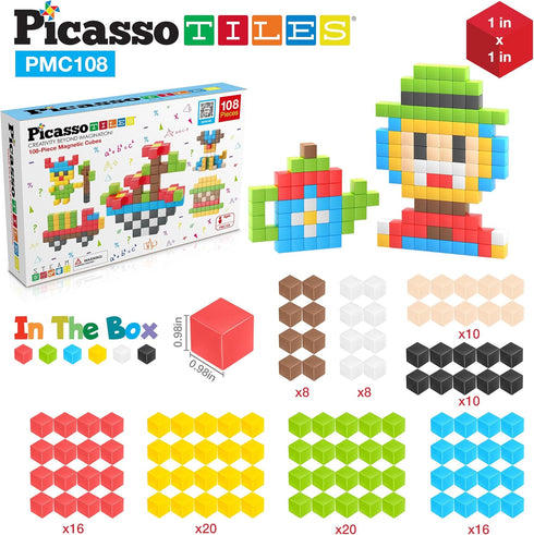 Picasso Cubes 1” Magnetic Puzzle Cubes, 108 Piece Building Block Set for Early Education STEM Learning