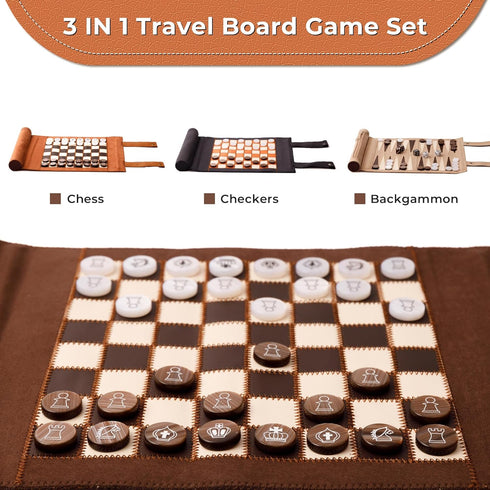 Woodronic 3 in 1 Travel Chess Set, Roll-up Leather Backgammon with 32 Premium Pearl Pieces, 5 Dices, Portable 13x10 Inch