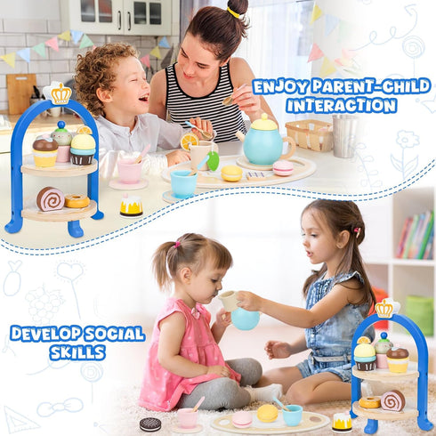 Sets 3-5, Set 3 4 5 6 Wooden Tea for Toddlers Princess Tea Party for Little Girls with Cupcake Stand and Food