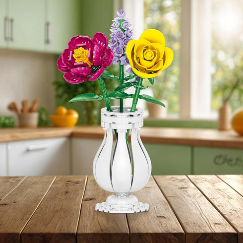 Set 104 Brickcraft Bricktanicals Yellow Rose Building Piece Flower Stem Model, Compatible Brick Bouquet Kit for Adults