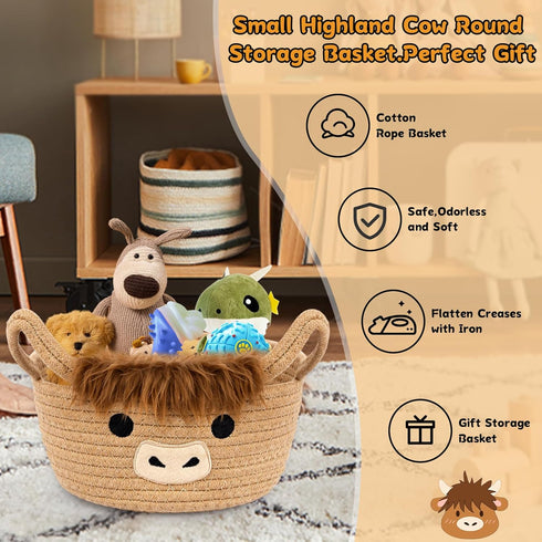 0rganizer 10.7"D 4.4"H Highland Cute Cow Basket for Nursery, Small Shower Gift Basket, Round Woven Rope Cotton Storage