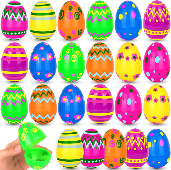 NAWITDA 24 Pack 2.4 Inch Plastic Printed Easter Eggs, Empty Fillable Eggs Bulk